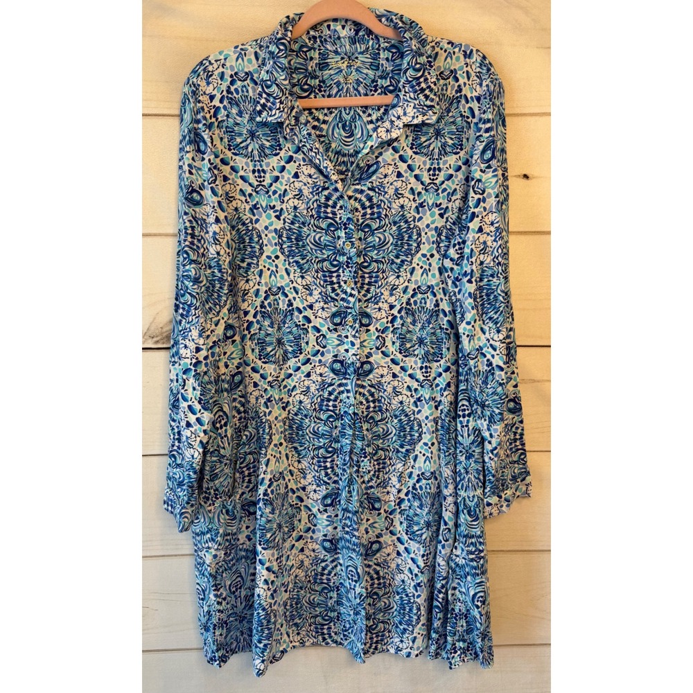 Lilly Pulitzer Blue White Seashell Print Rayon Button Front Shirt Dress Large